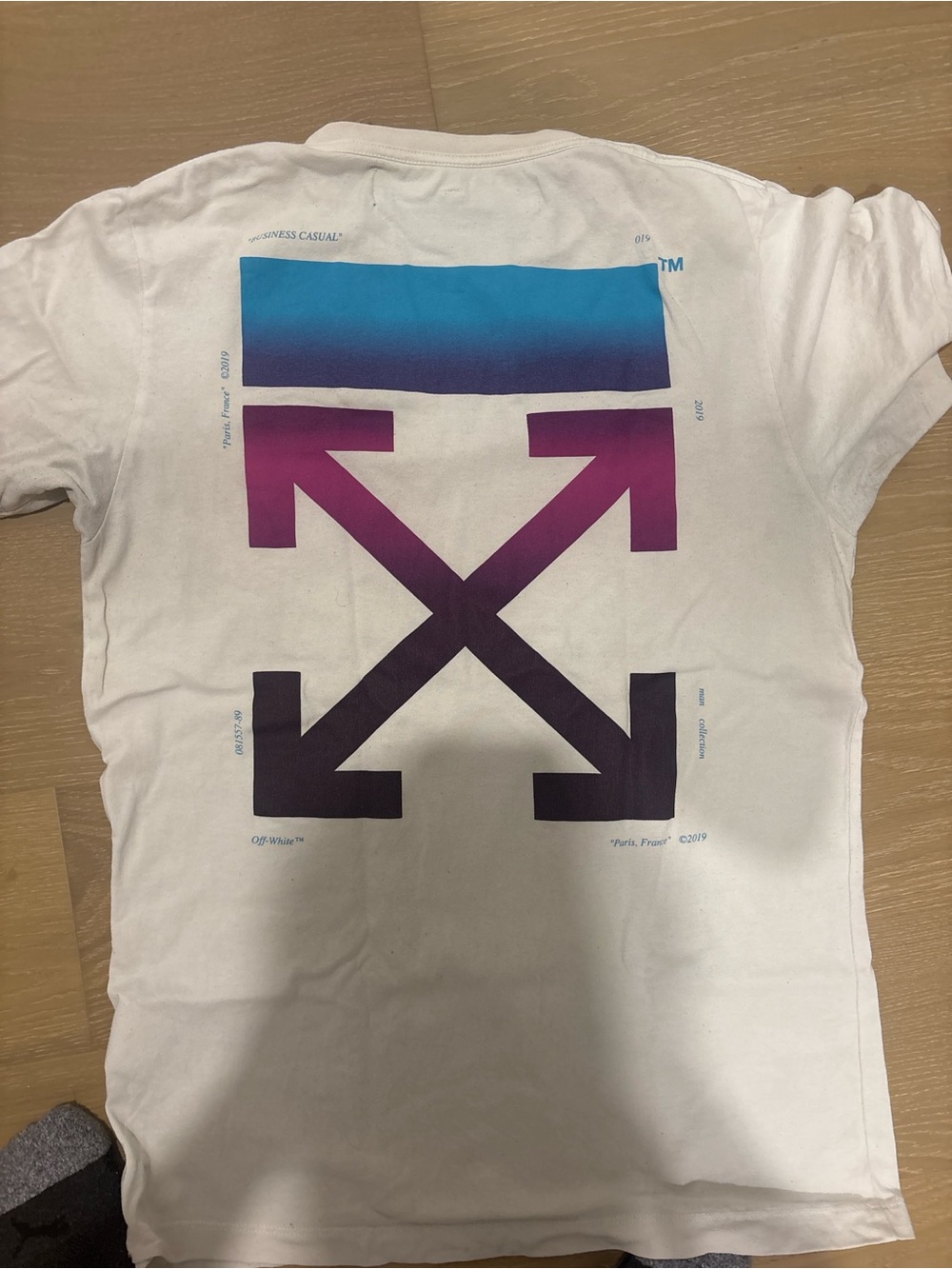Off-White White Tee with Blue-to-Purple Gradient Arrow Graphic